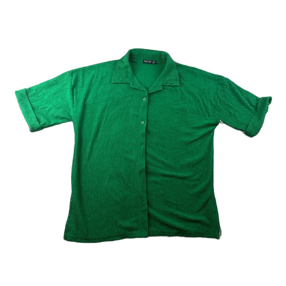 Nasty Gal Button Up Shirt Women 4 Green Relaxed Textured Short Sleeve Preppy